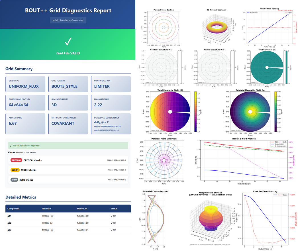 Visual report from the Chatwood Labs BOUT++ grid validation utility showing flux surface geometry and magnetic field magnitude